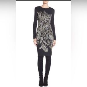 St. John Black and Cream Paisley Long Sleeve Knit Dress